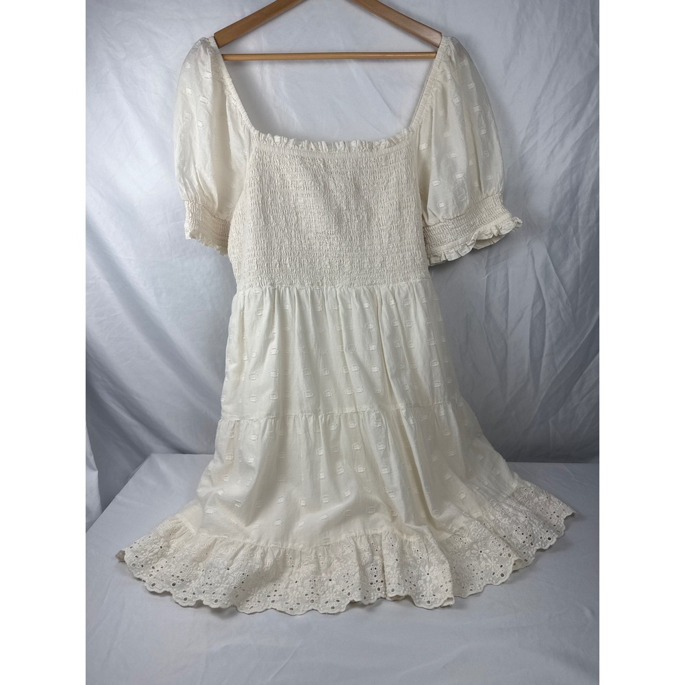 American Eagle Size L Ivory Smocked Eyelet Mini Dress Cottagecore Puff Sleeve - Picture 3 of 10